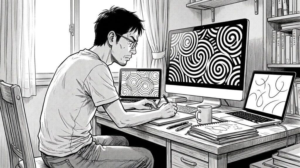 パソコンと資料を前に複数のプロジェクトを同時進行する様子の線画イラスト