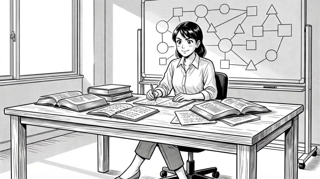 複数のスキルを表現する様子の線画イラスト