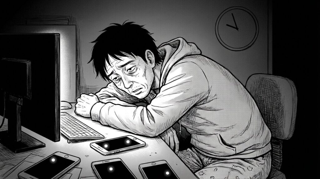 深夜にパソコンの前で疲れた表情でスケジュールを確認する様子の線画イラスト