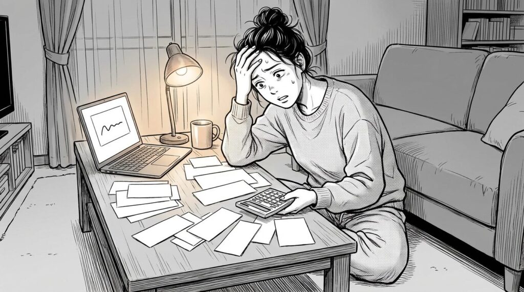 確定申告の書類と領収書に囲まれて頭を抱える様子の線画イラスト