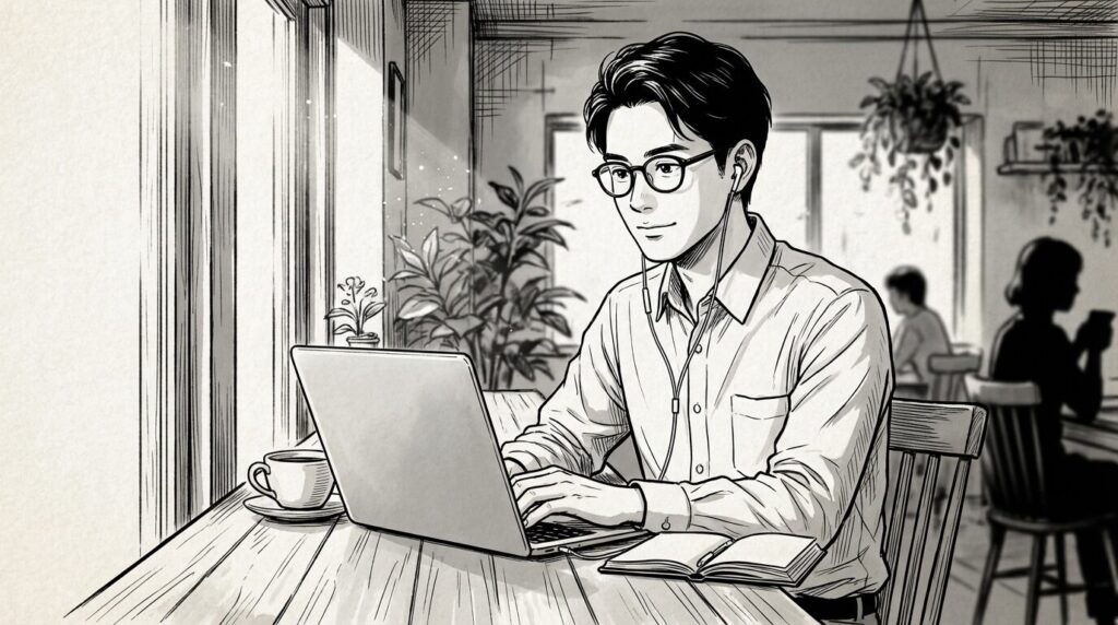 クライアントとのオンラインミーティングの様子の線画イラスト