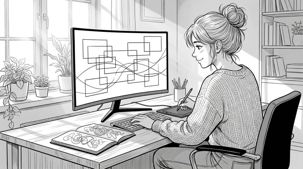 デスクでポートフォリオサイトを作成している様子の線画イラスト