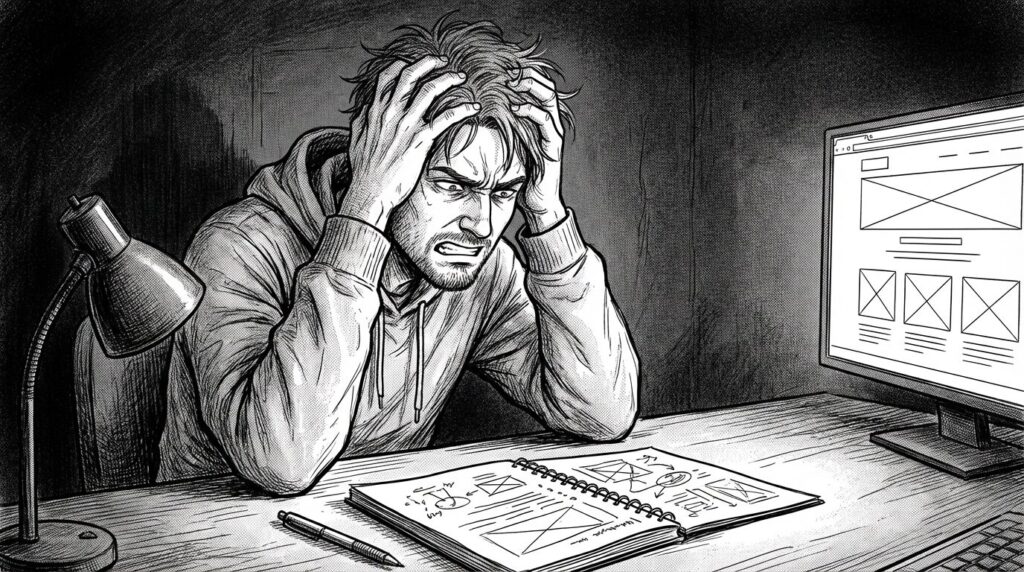 深夜のデスクで自分のポートフォリオサイトをモニターに映し頭を抱えながら修正案を練っている男性エンジニアの線画イラスト