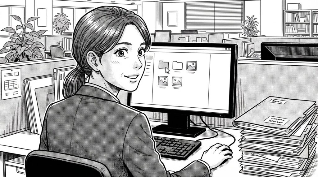 クライアントが採用候補者のポートフォリオサイトを見比べながらどれに連絡しようか迷っているオフィスの様子の線画イラスト