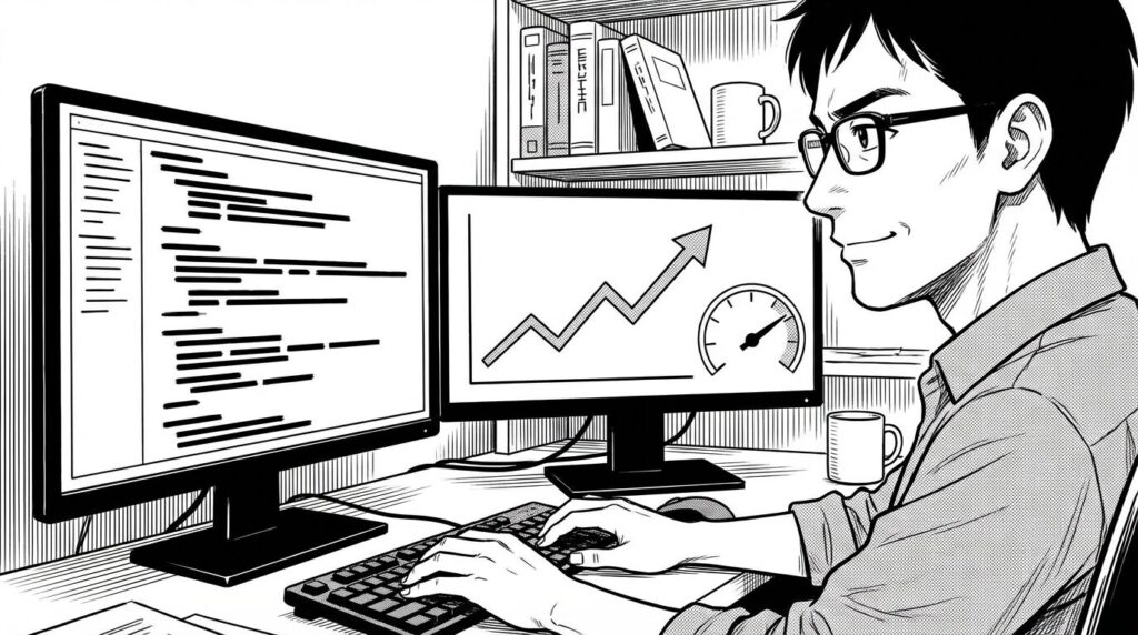 デュアルモニターでコードエディタとPageSpeed Insightsの結果画面を見比べながらチューニング作業をしているエンジニアの線画イラスト
