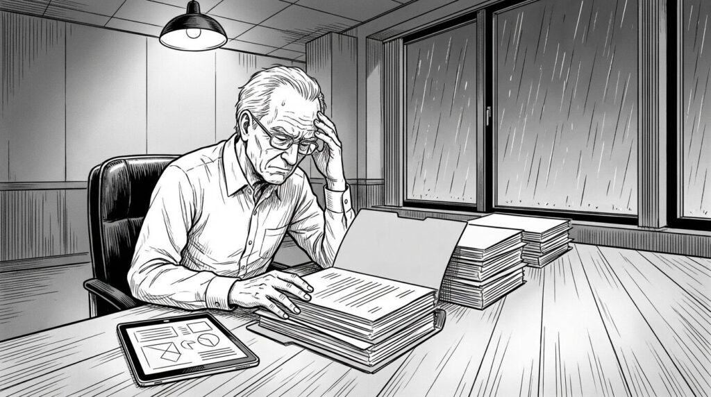 面接官が机の上に広げられた複数のポートフォリオ資料を見比べながら渋い顔をして選考している様子の線画イラスト