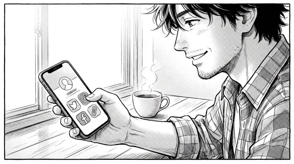 カフェでノートPCを開きSNSのプロフィール画面を編集しながらポートフォリオのURLを設定している男性の線画イラスト