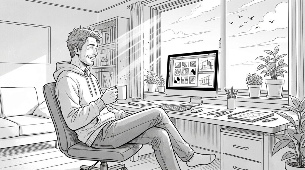 朝の光が差し込む部屋で完成したポートフォリオサイトが表示されたモニターを見て満足げにコーヒーを飲むエンジニアの線画イラスト