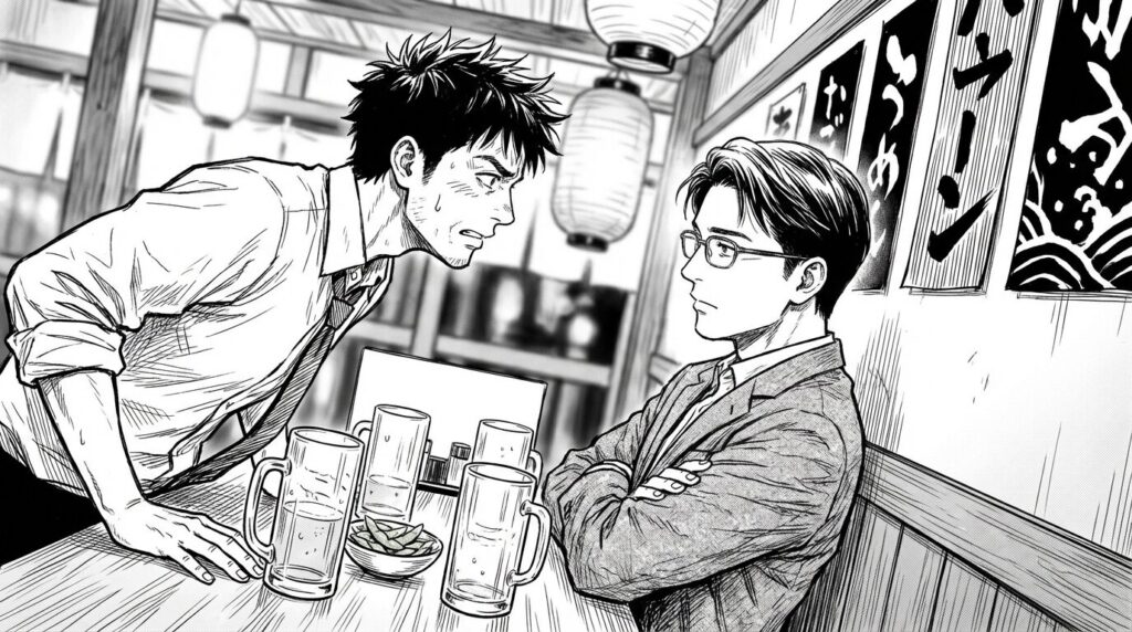 居酒屋で若手社員からの相談を受けて真剣な表情でプログラミングスクールの実情を語るエンジニアの線画イラスト