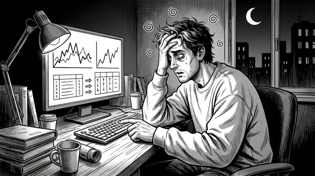 パソコン画面に表示された複数のスクールサイトを見比べながら腕組みをして悩んでいる男性の線画イラスト