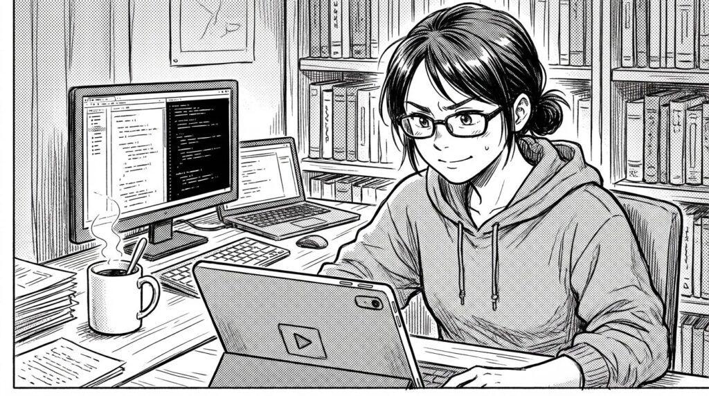 自宅のデスクでデイトラの動画教材を見ながらデュアルモニターでコードを書いている女性の線画イラスト