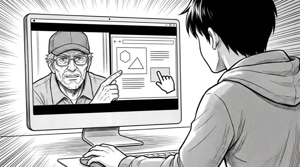 オンラインミーティングツールで専属メンターと画面共有しながらコードの修正箇所を確認している男性の線画イラスト