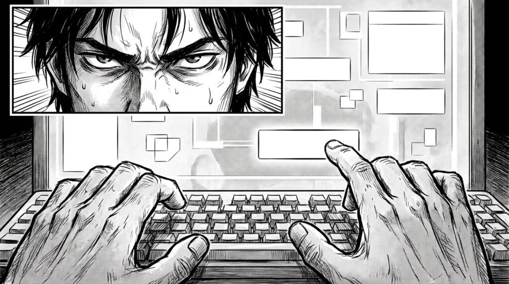 自宅の作業スペースでクラウドソーシングサイトの案件に応募するメッセージを入力している真剣な表情のエンジニアの線画イラスト