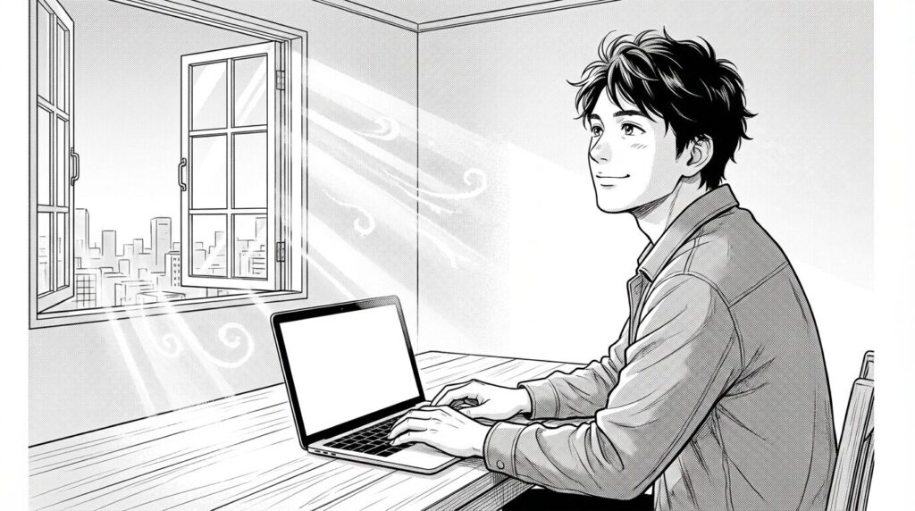 朝の光が差し込む部屋で新しいMacBookを開き希望に満ちた表情で学習を開始しようとしている男性の線画イラスト