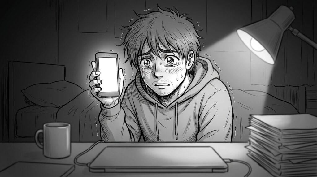 深夜の自室で、初めて実機ビルドが成功しiPhone画面を見て感動している30代男性の線画イラスト