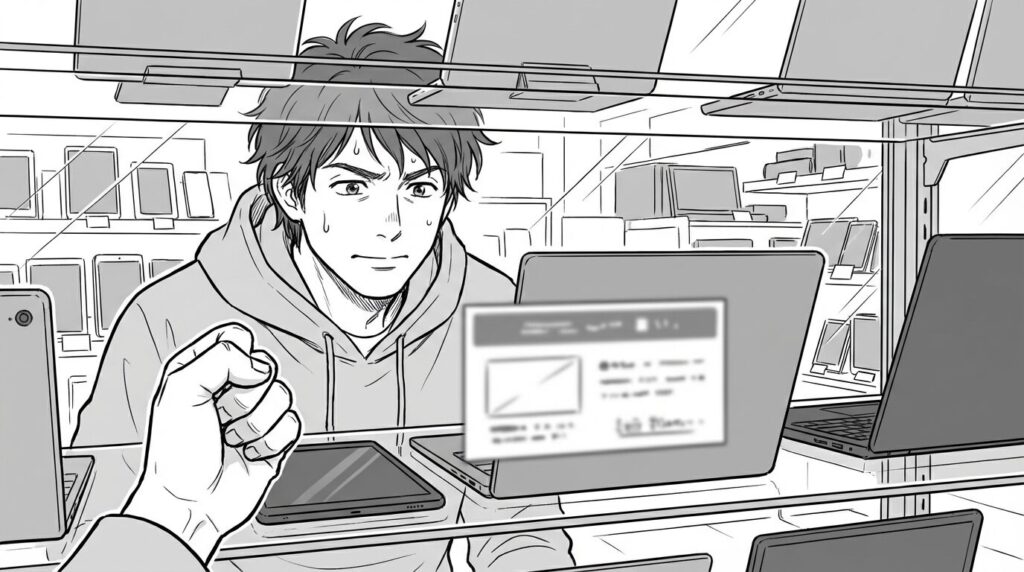 家電量販店のMac売り場で、高額な値段を見て冷や汗をかきつつも覚悟を決める男性の線画イラスト