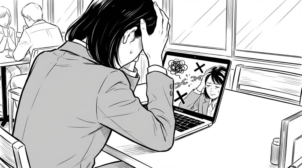 カフェで、真っ赤なエラーメッセージが表示されたMacの画面を前に頭を抱えている女性の線画イラスト