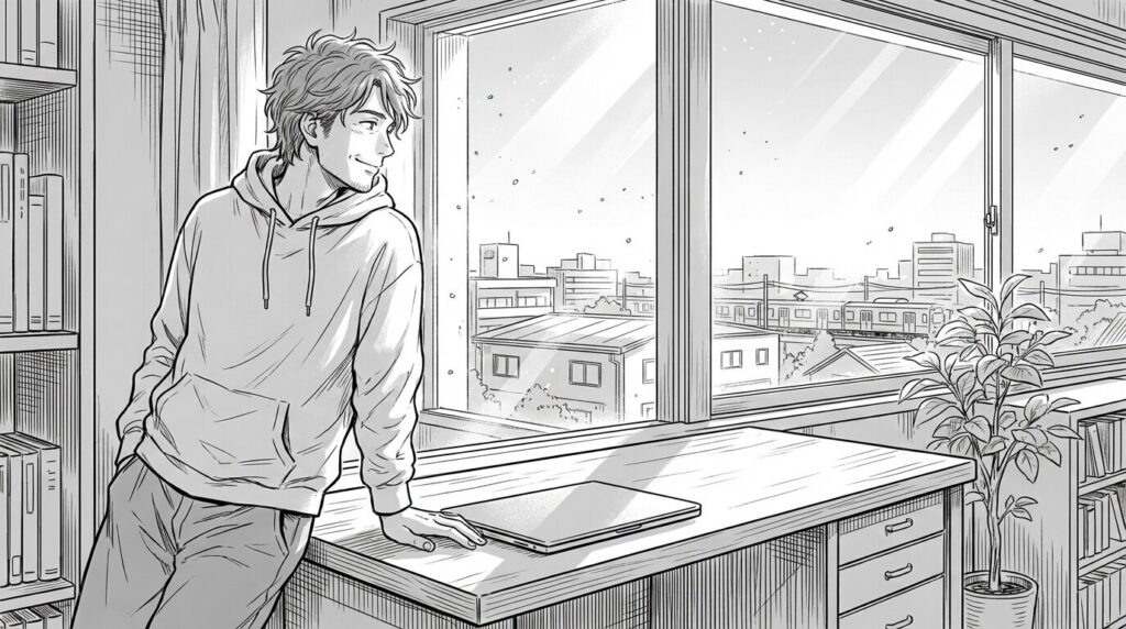 夕暮れ時のコワーキングスペースで、MacBookを閉じ、充実した表情で窓の外を見つめる男性の線画イラスト