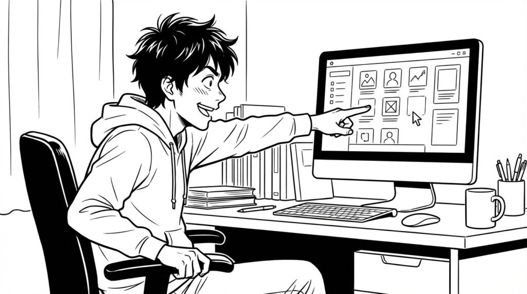 クラウドソーシングの画面を見ながら、初めての案件を獲得できそうで興奮している男性の線画イラスト