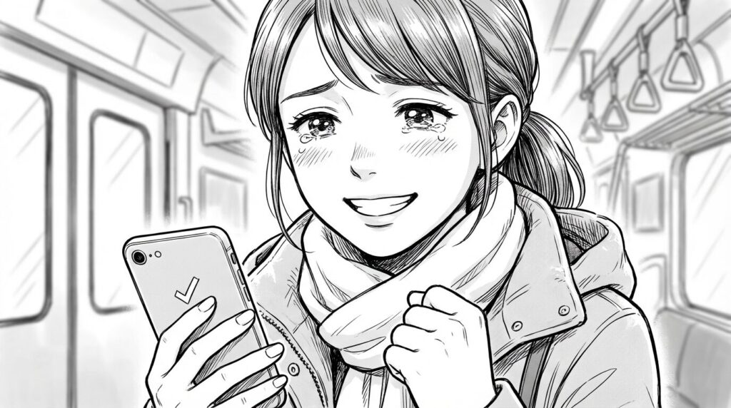 App Storeの審査通過メール（Ready for Sale）が届き、ガッツポーズをする女性の線画イラスト