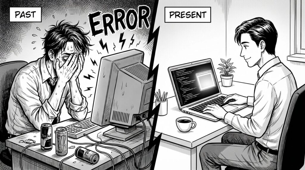 深夜のオフィスで、以前のXcodeのStoryboard画面に出てくる大量のエラー（赤い線）に頭を抱えているが、現在のSwiftUIのシンプルなコード画面を見て救われたような表情をしている30代男性エンジニアの線画イラスト