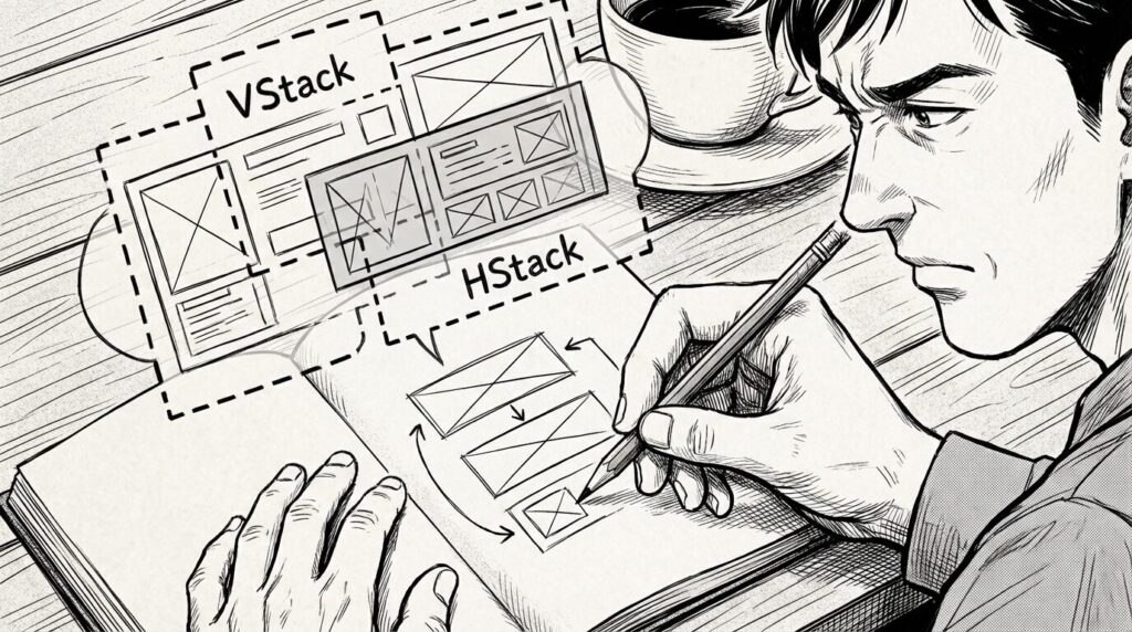 カフェでノートにアプリのUIスケッチを描きながら、それを「VStack」「HStack」といったブロックの積み重ねとして脳内で分解・構造化しているエンジニアの線画イラスト