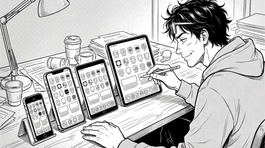 複数の異なるサイズのiPhone（SE, Pro, Max）とiPadを並べ、それぞれの画面で同じアプリのUIがSpacerによって完璧にレイアウト調整されている様子を確認してニヤリとしているエンジニアの線画イラスト