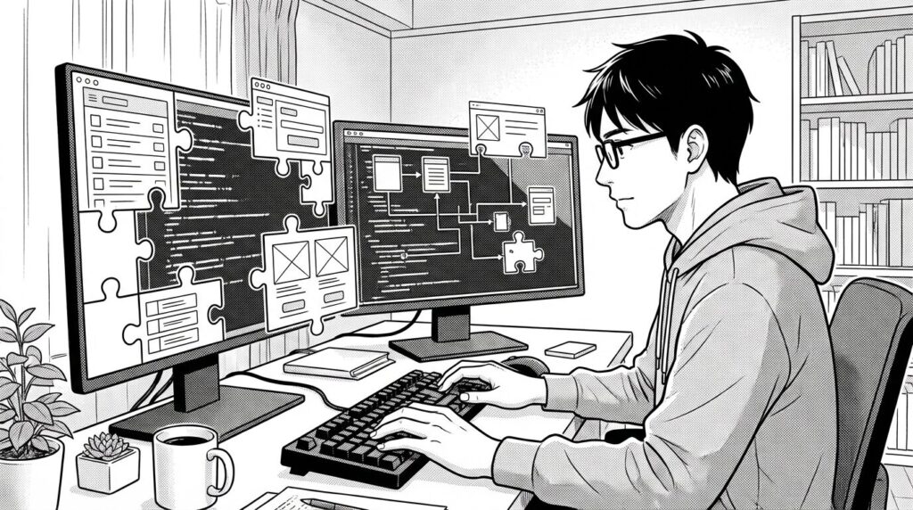 複数の異なるサイズのiPhone（SE, Pro, Max）とiPadを並べ、それぞれの画面で同じアプリのUIがSpacerによって完璧にレイアウト調整されている様子を確認してニヤリとしているエンジニアの線画イラスト