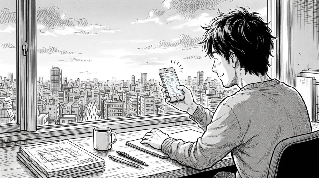 朝日が差し込む窓辺のデスクで、自分のiPhoneで自作アプリがサクサク動いているのを見て、静かな達成感と未来へのワクワクを感じているエンジニアの背中の線画イラスト