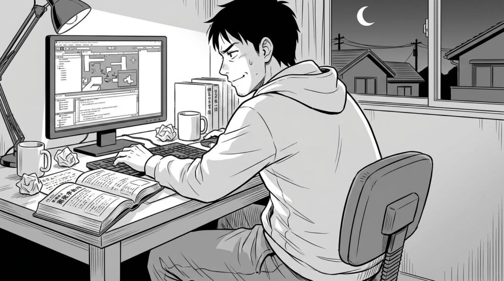 深夜の自室、コーヒーを片手にUnityの画面と向き合い、頭を抱えつつも楽しげな表情を浮かべる30代男性の線画イラスト