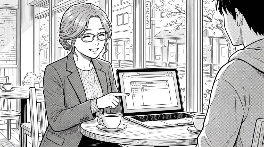 カフェでノートPCを開き、画面上のInspectorウィンドウを指差しながら初心者に熱心に構造を解説する女性メンターの線画イラスト