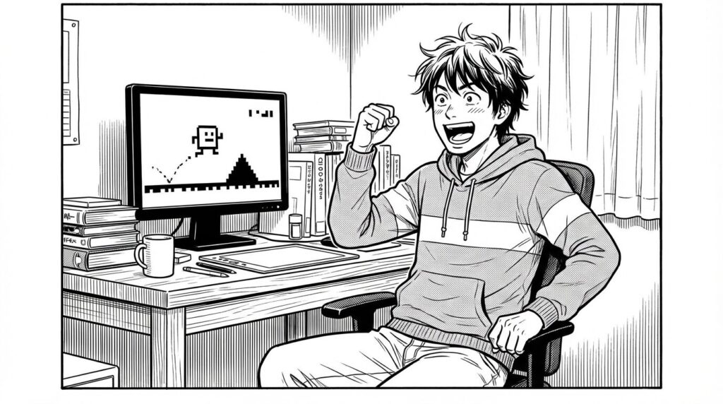 自室のデスクで、自分が書いたコードでキャラクターがジャンプした瞬間にガッツポーズをする30代男性の線画イラスト