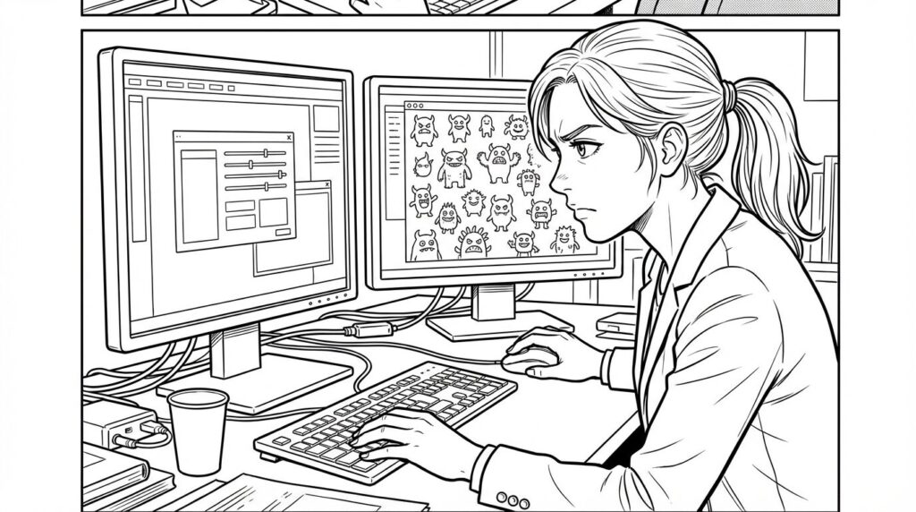 複数のモニターを使い、左画面でPrefabの設定を調整し、右画面で大量の敵キャラが一斉に変更される様子を確認する女性エンジニアの線画イラスト