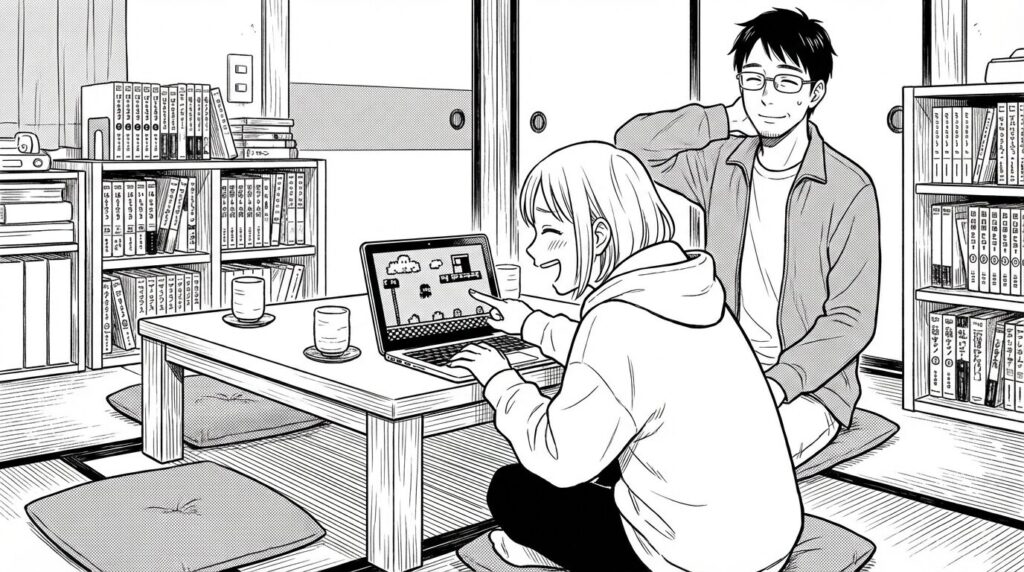 完成したゲームを友人にプレイしてもらい、楽しそうに笑っている様子を後ろから眺めて安堵している作者の線画イラスト