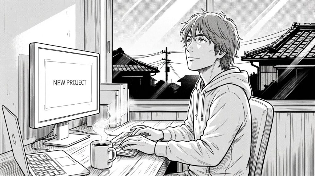 朝日が差し込む部屋で、新しいプロジェクトを作成し、希望に満ちた表情でディスプレイを見つめる30代男性の線画イラスト