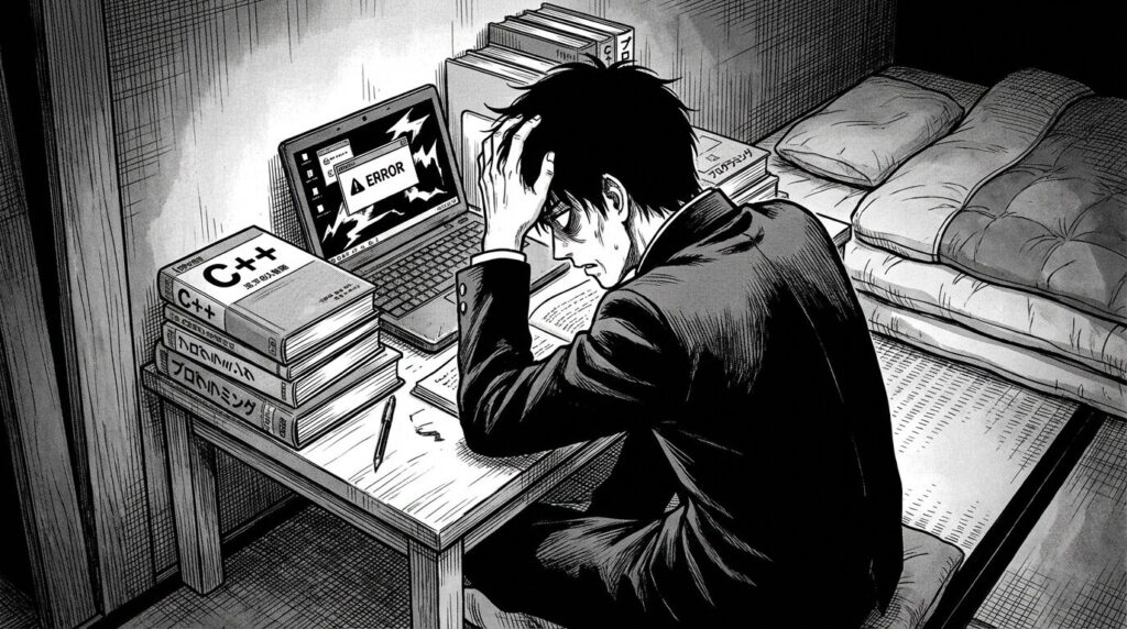 薄暗い部屋で、低スペックなノートPCのエラー画面を前に頭を抱え、過去の挫折を思い出している30代男性の線画イラスト