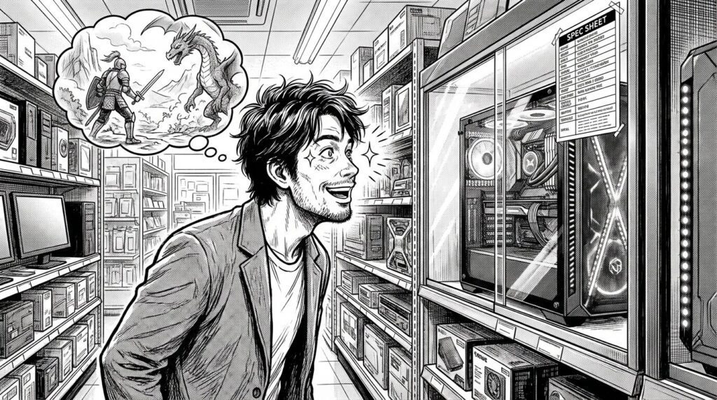 家電量販店のPC売り場で、ハイスペックなゲーミングPCのスペック表を見ながら、未来の開発環境に思いを馳せてニヤリとしているエンジニアの線画イラスト