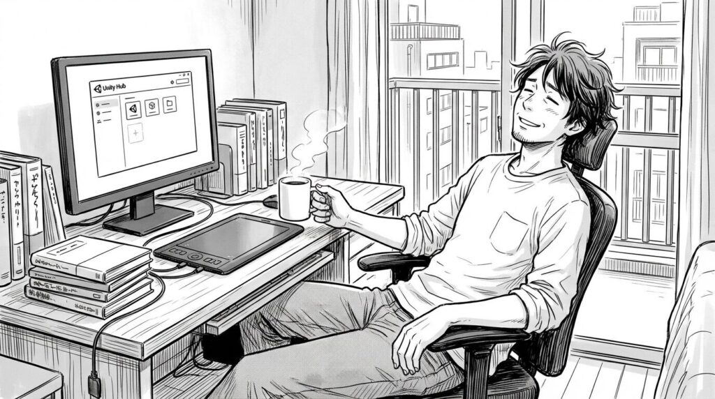 自宅のデスクで、Unity Hubの画面に表示された「インストール完了」の文字を見て、ホッと胸をなでおろしているエンジニアの線画イラスト