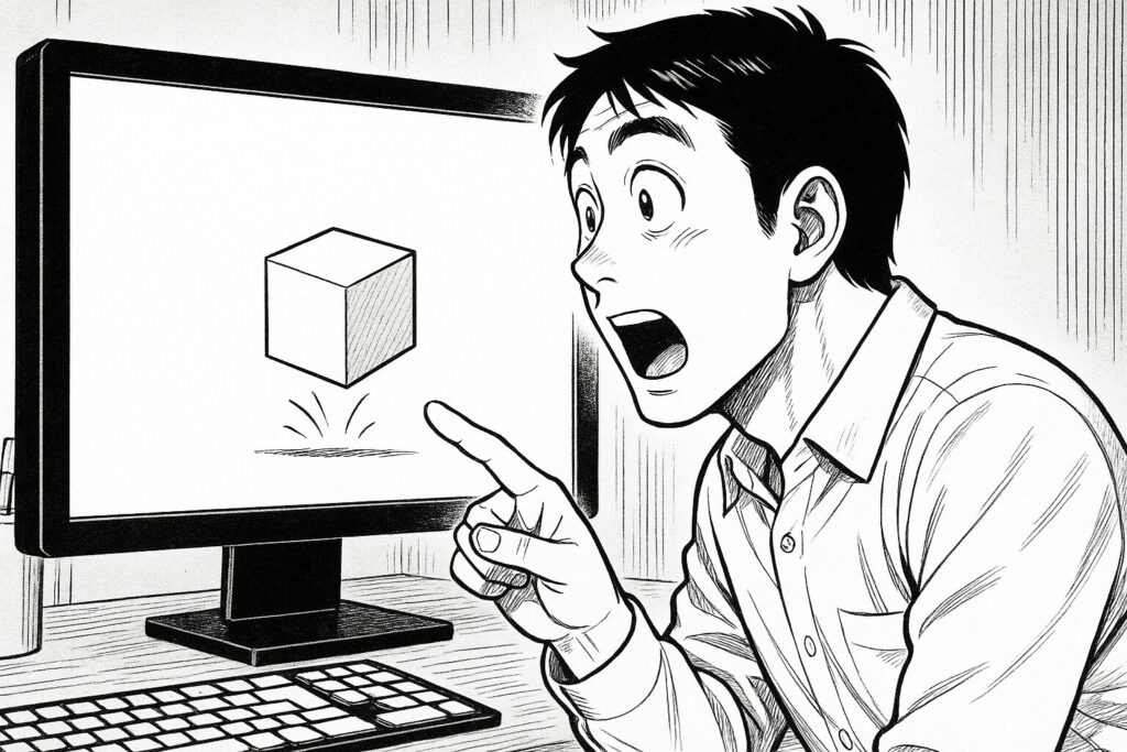 PC画面の中で、配置したCubeが物理演算で落下し、床にぶつかって跳ねる様子を見て、子供のように目を輝かせているエンジニアの線画イラスト