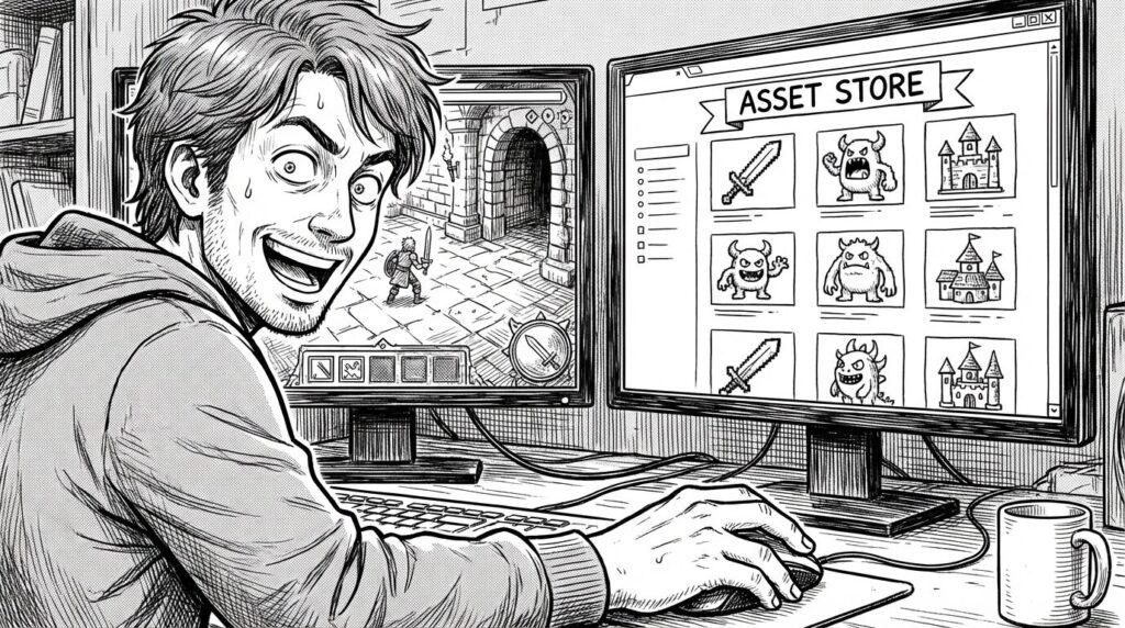 複数の画面を開き、左画面にはUnityのエディタ、右画面にはアセットストアのページを表示し、使えそうな3Dモデルを探してワクワクしているエンジニアの線画イラスト