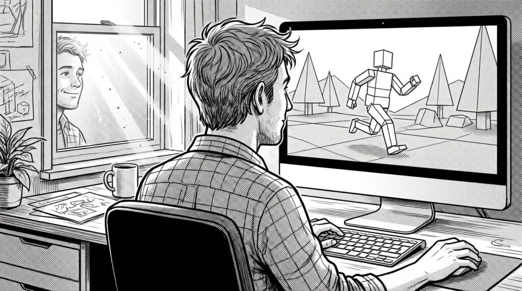 朝日が差し込む窓辺のデスクで、PC画面の中を自作の3Dキャラクターが元気に走り回っている様子を見て、深い満足感とこれからの制作への意欲に満ちた笑顔を浮かべるエンジニアの背中の線画イラスト