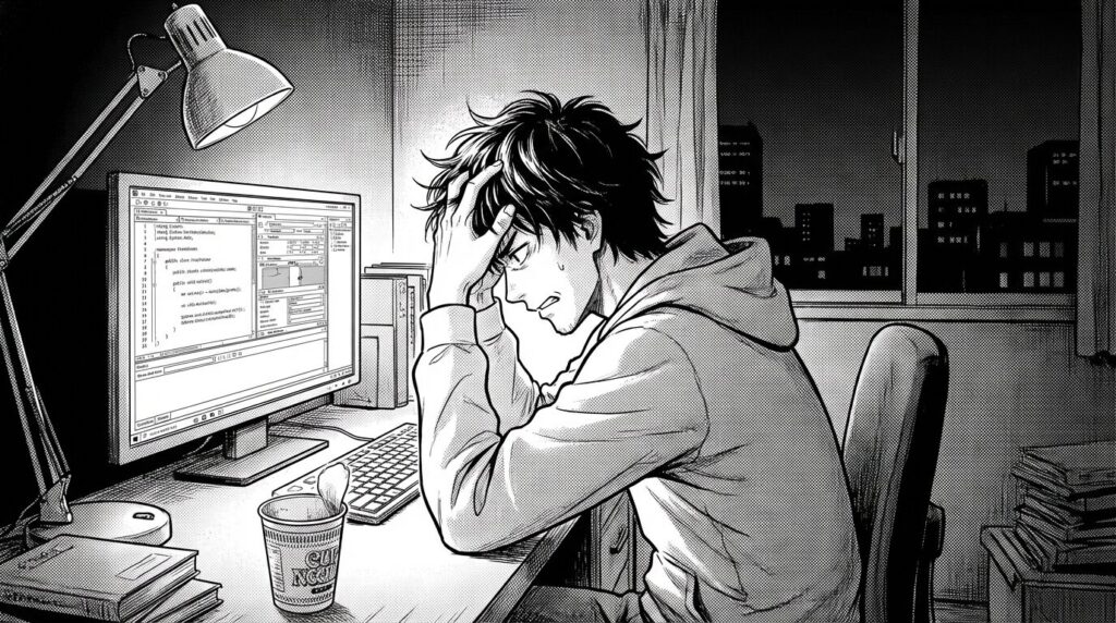 深夜の自室で、PCモニターに映る複雑なC#のコードとUnityの画面を見比べながら、頭を抱えつつも解決の糸口を探している30代男性の線画イラスト
