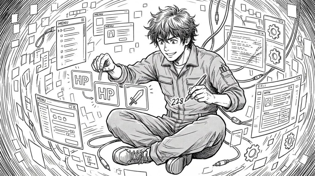 RPG風のステータス画面をイメージした空間で、変数の箱(HPや攻撃力)を整理したり数値を書き換えたりしているエンジニアの線画イラスト