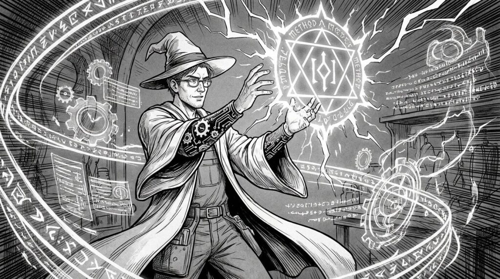 魔法使いのような姿をしたエンジニアが、「メソッド」という呪文を唱えて、複雑な処理を一瞬で実行させている様子の線画イラスト