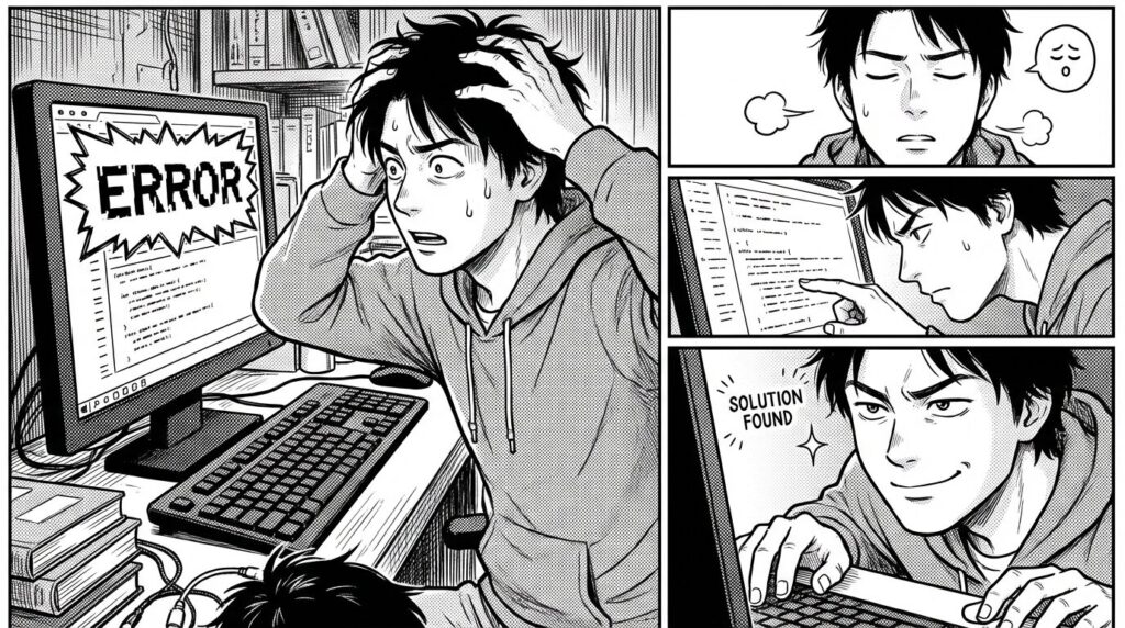 PC画面に表示された赤いエラーログを見て一瞬焦るが、深呼吸してログの内容を読み解き、解決策を見つけてニヤリとするエンジニアの線画イラスト
