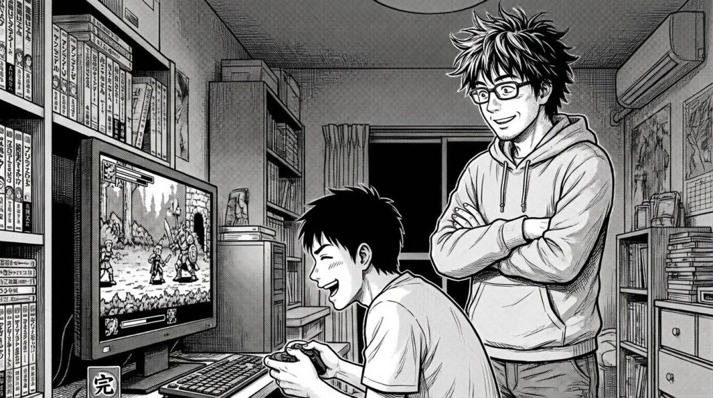 完成したゲームがモニターの中で動いており、それを友人にプレイさせながら、誇らしげな笑顔で見守っているエンジニアの線画イラスト