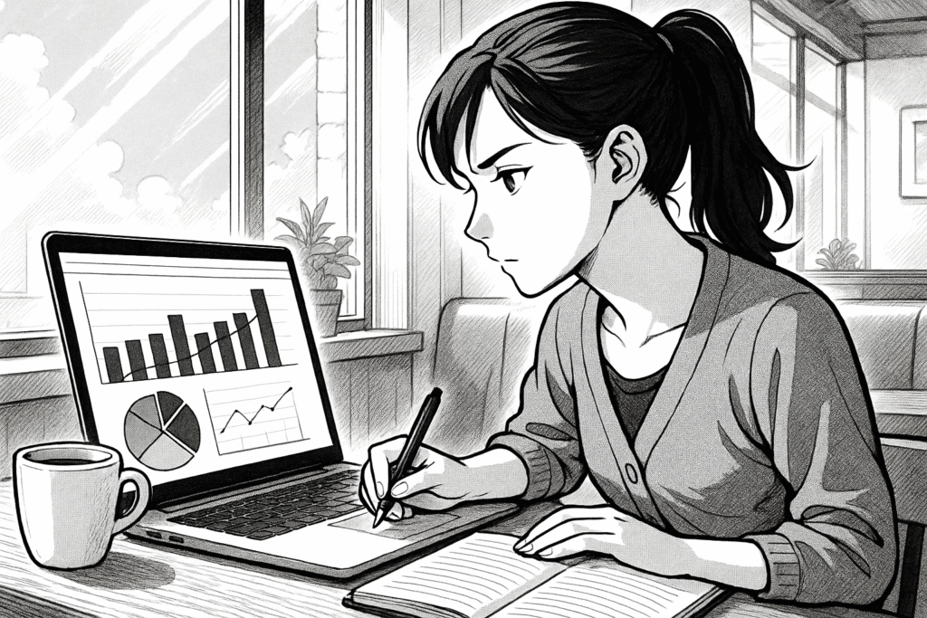 カフェでノートパソコンを開き、データ分析の勉強をする20代女性の線画イラスト