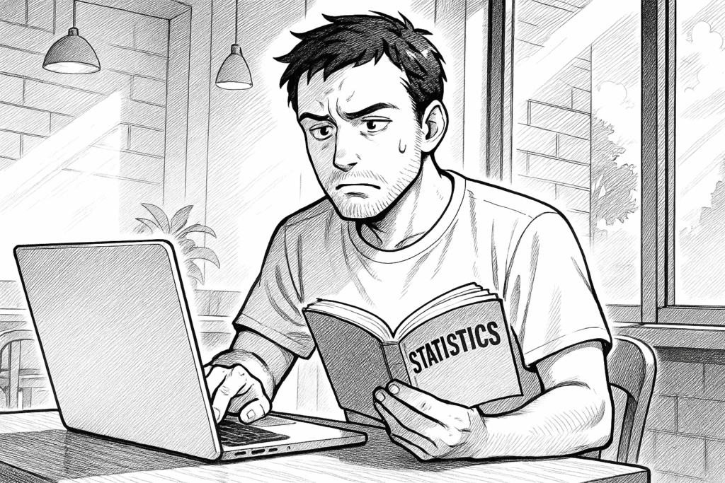 カフェでノートパソコンを開き統計学の参考書に困惑する30代男性の線画イラスト