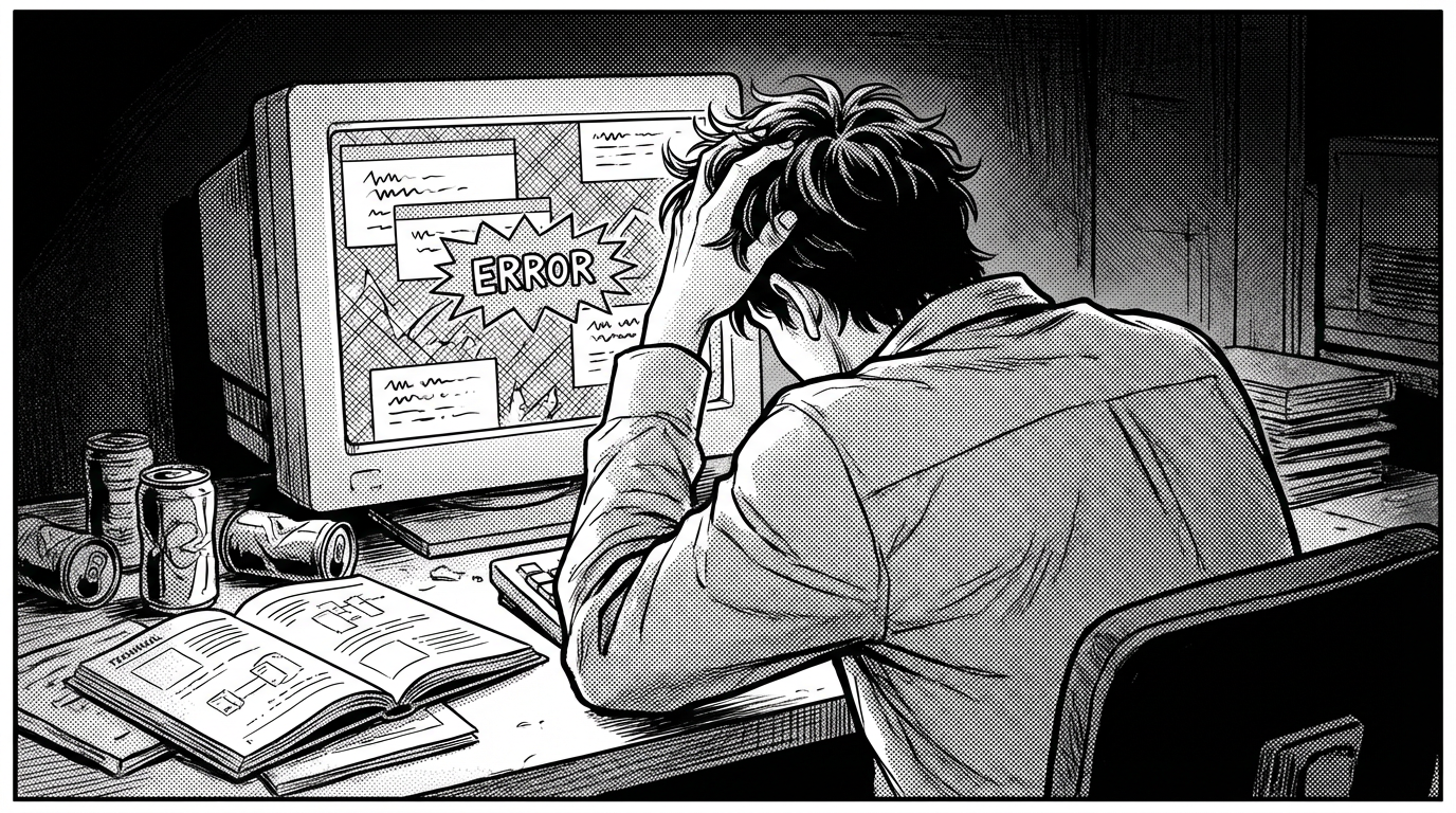 深夜のデスクでTensorFlow 1.x系の複雑なコードに頭を抱え、挫折しかけている数年前の男性エンジニアの線画イラスト