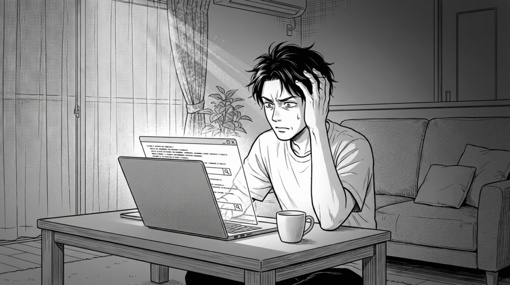 早朝、自宅のリビングでノートパソコンを開き、不安そうにWebアプリ開発の情報を検索している30代男性の線画イラスト